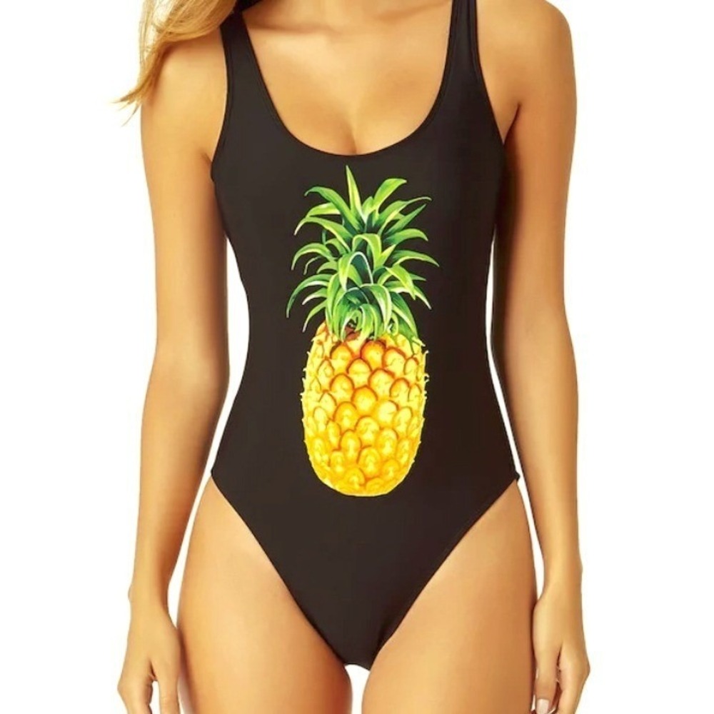California Sunshine‎ Pineapple One Piece Swimsuit Lace Up Back Tropical Black S
